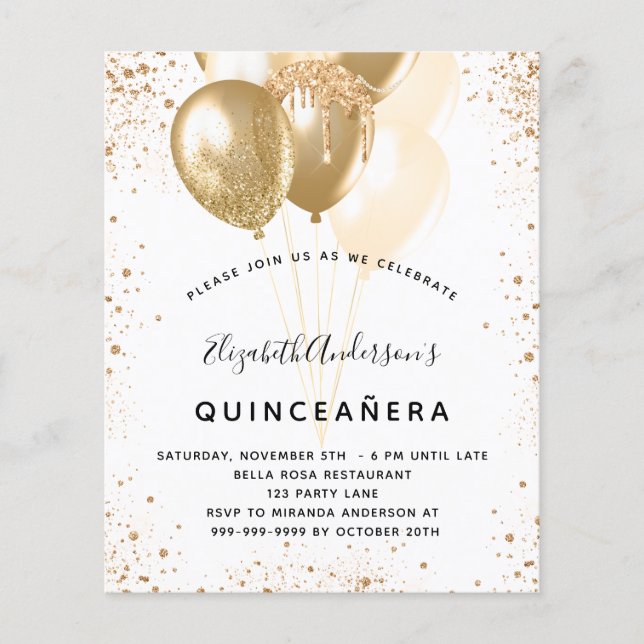 Lámina Globos purpurinas de oro blanco de Quinceanera (Anverso)