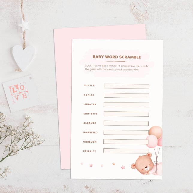 Lámina Globos rosados y de oso Baby Shower Word Scramble (Bear & Pink Balloons Baby Shower Word Scramble on a boho wooden table.)