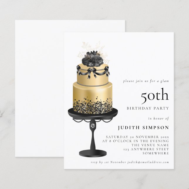 Lámina Golam Cake Florals Gold Black 50th Invite (Anverso / Reverso)