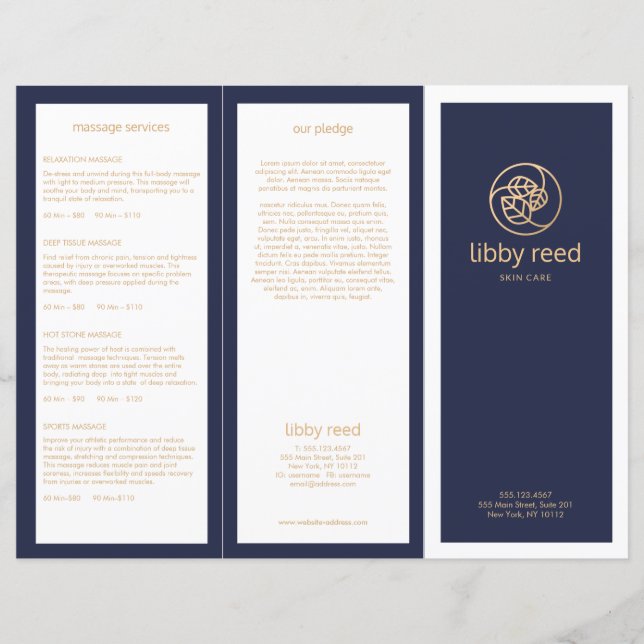 Lámina Gold Deja SkinCare Spa TriFold Navy Brochure (Anverso)