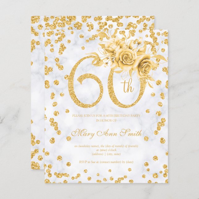 Lámina Gold Floral 60 cumpleaños Glam Marble (Anverso / Reverso)