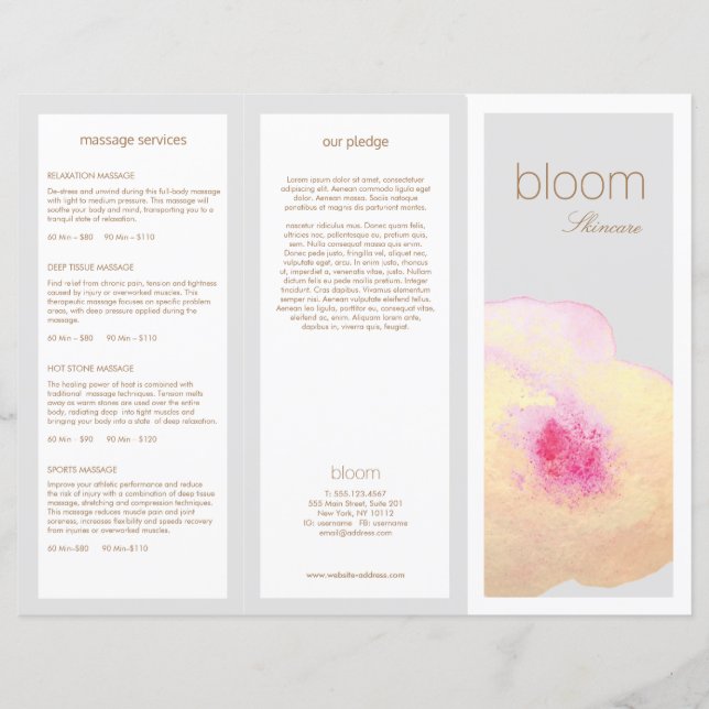Lámina Gold Floral Skine Care Spa TriFold Brochure (Anverso)