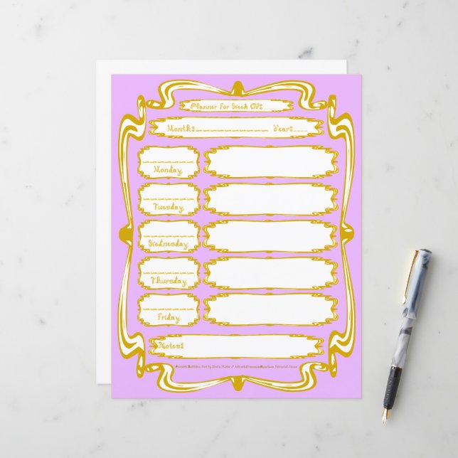 Lámina Gold Frame Border Fabric Font Weekday Planner (Anverso/Reverso In Situ)