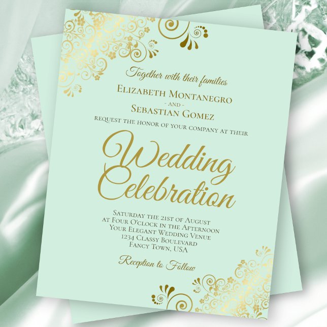 Lámina Gold Lace Elegant Mint BUDGET Wedding Invitation (Subido por el creador)