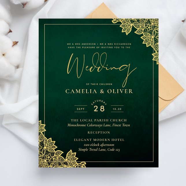 Lámina Gold Lace Emerald Green All-in-1 Wedding Invite QR (Subido por el creador)