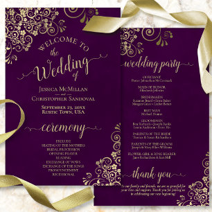 Lámina Gold Lace on Plum Purple Budget Wedding Program