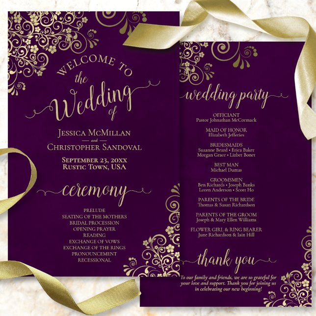 Lámina Gold Lace on Plum Purple Budget Wedding Program (Front and Back)