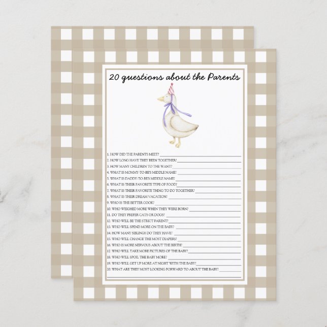 Lámina Goose - juegos - 20 preguntas sobre los padres (Anverso / Reverso)