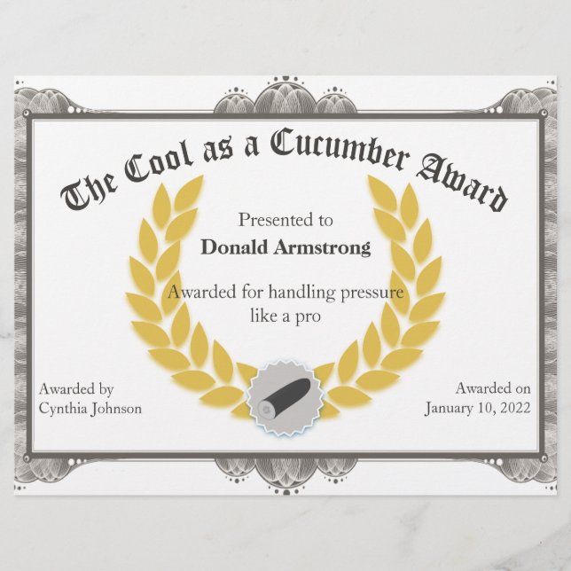 Lámina Gracioso Premio a Empleados - Guay como Cucumber (Anverso)