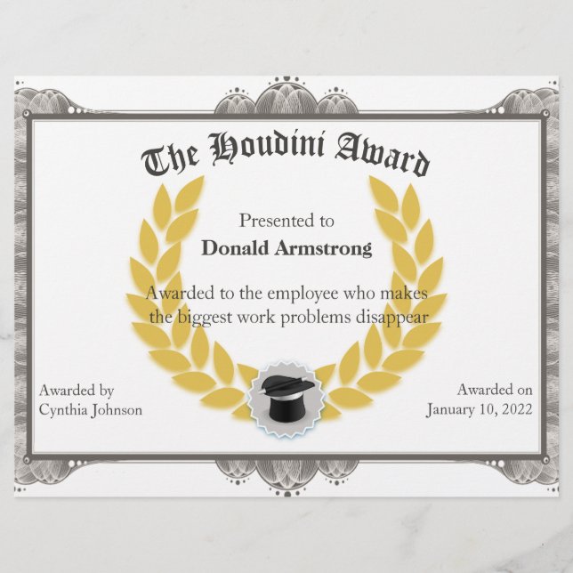 Lámina Gracioso Premio a Empleados - Houdini (Anverso)