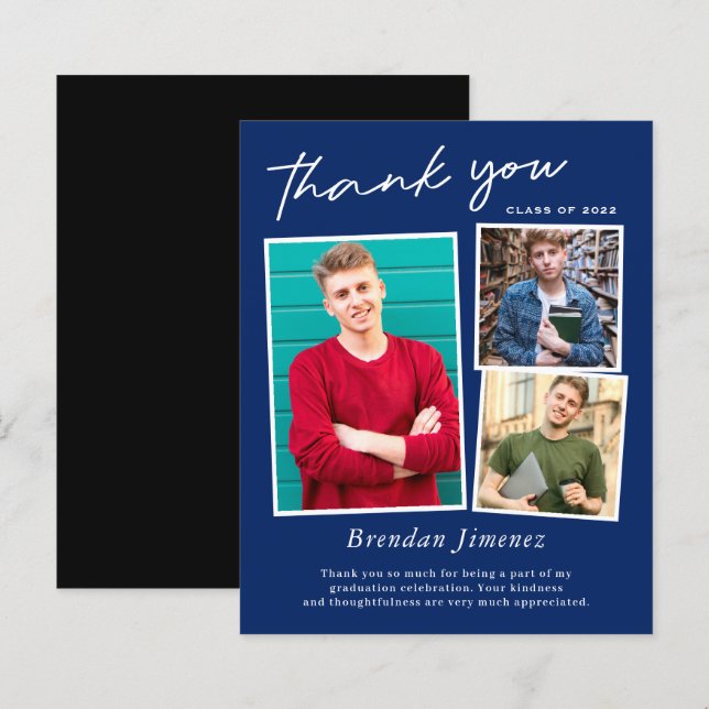 Lámina Graduación de fotos de Navy White Script 3 Gracias (Anverso / Reverso)