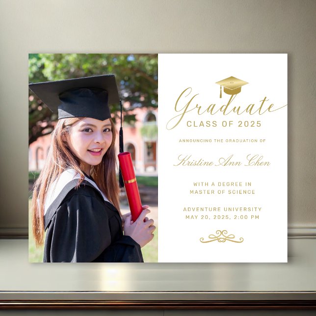 Lámina Graduación de la foto del guión formal del oro bla (Budget White Gold Formal Script Photo Graduation Announcement)