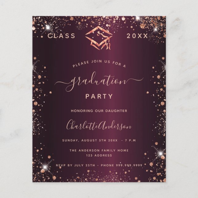 Lámina Graduación de la invitación de oro de rosa burdeos (Anverso)