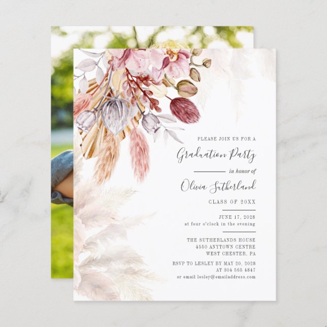 Lámina Graduación Pampas Grass Photo Party Invitación (Anverso / Reverso)