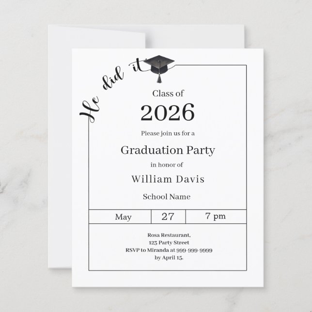 Lámina Graduation party black white He did it invitation (Anverso)