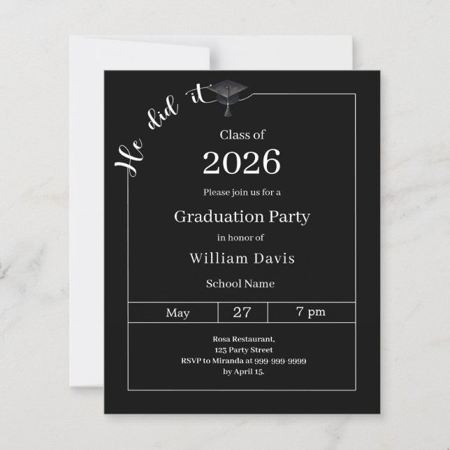 Lámina Graduation party black white He did it invitation (Anverso)