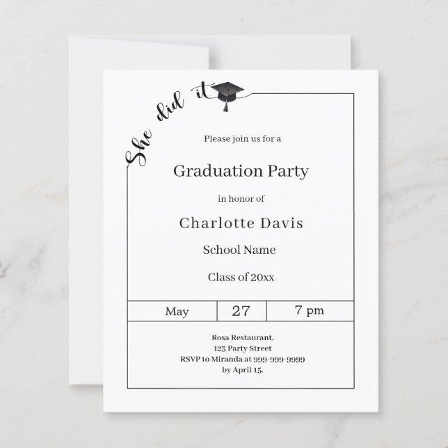 Lámina Graduation party black white She did it invitation (Anverso)