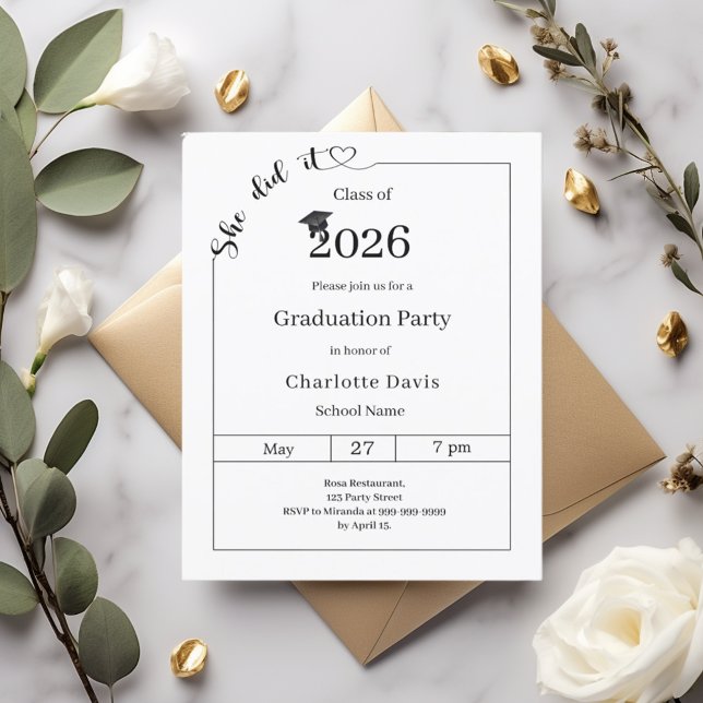 Lámina Graduation party black white She did it invitation (Subido por el creador)