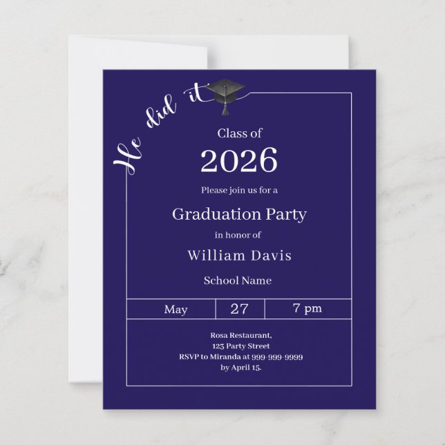 Lámina Graduation party blue white He did it invitation (Anverso)