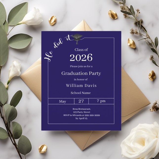 Lámina Graduation party blue white He did it invitation (Subido por el creador)