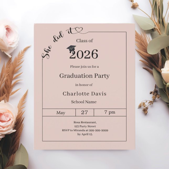 Lámina Graduation party blush pink She did it invitation (Subido por el creador)