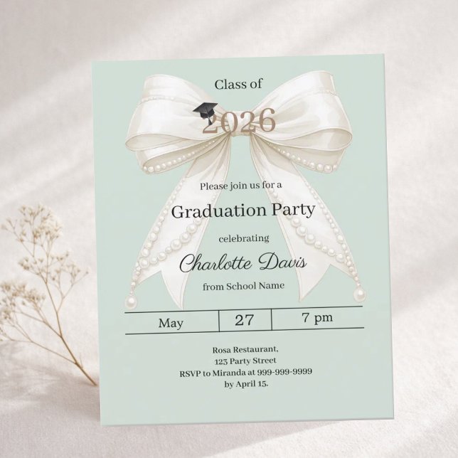 Lámina Graduation party ivory bow green 2026 invitation (Subido por el creador)