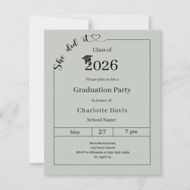 Lámina Graduation party Sage Green She did it invitation (Anverso)