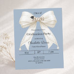 Lámina Graduation party steel blue ivory bow invitation<br><div class="desc">Celebrate your achievement with this elegant ivory bow graduation invitation. The design features a large, sophisticated satin ribbon adorned with delicate pearl strings and a subtle mortarboard icon. A dusty steel blue colored background. It is the perfect choice for high school or college seniors looking for a feminine and chic...</div>