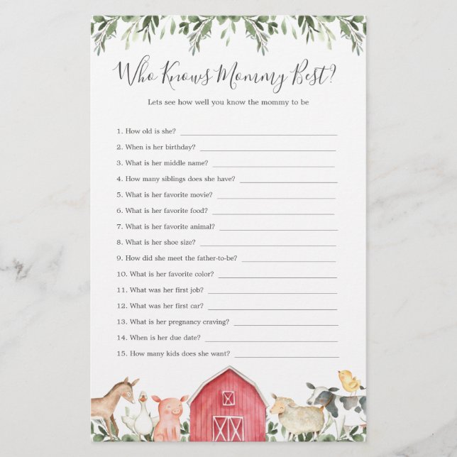 Lámina Granja Animales Baby Shower que conoce mejor a mi  (Anverso)