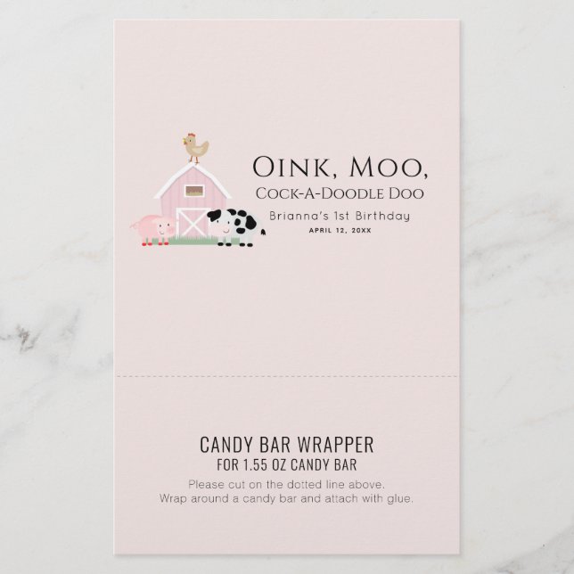 Lámina Granja de animales Pink Birthday Candy Bar Wrapper (Anverso)