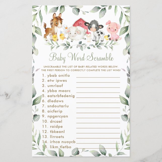 Lámina Granja de animales Verdor Baby Shower Word Scrambl (Anverso)