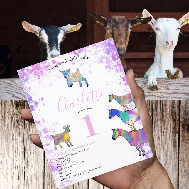 Lámina Granja de cabras Animal Primer Presupuesto Fiesta  (Cute goats colorful farm animal watercolor art 1st birthday party pink budget invitation )