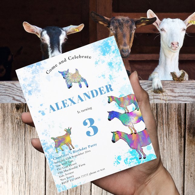 Lámina Granja de cabras Animales 3er cumpleaños Fiesta Pr (Cute goats colorful farm animal watercolor art 3rd birthday party blue budget invitation )