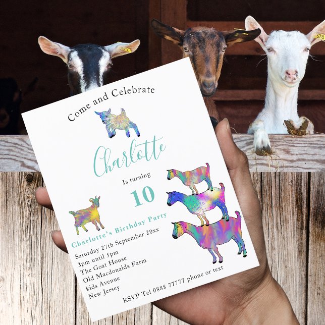 Lámina Granja de cabras coloridas Animal Presupuesto por  (Colorful goats farm animal 10th birthday party budget invitation with watercolor animal art)