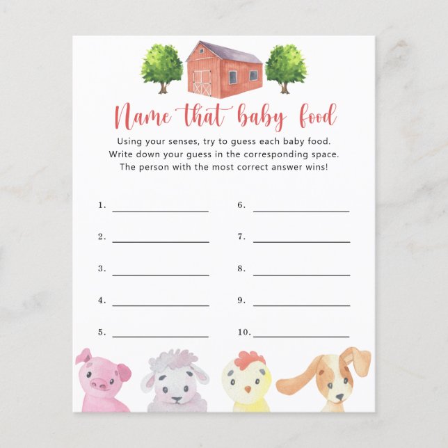 Lámina Granja - Nombra a ese bebé juego de ducha de alime (Anverso)