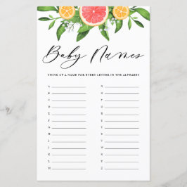 Lámina Grapefruit Baby Names Alphabet Baby Shower Game