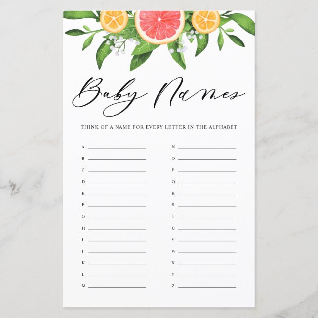 Lámina Grapefruit Baby Names Alphabet Baby Shower Game (Anverso)