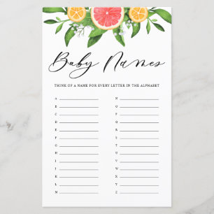 Lámina Grapefruit Baby Names Alphabet Baby Shower Game