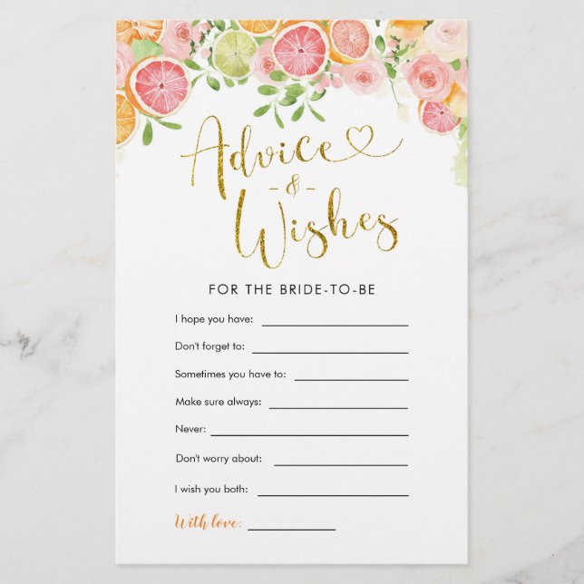 Lámina Grapefruit Citrus Bridal Shower Consejos y deseos (Anverso)