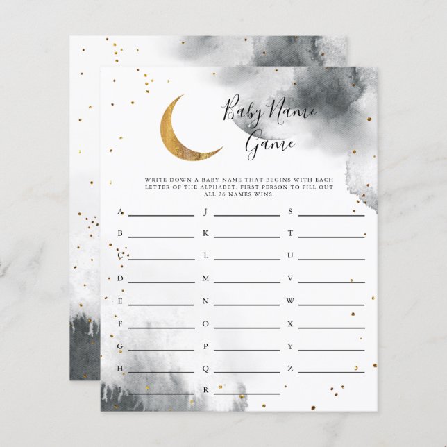 Lámina Gray Moon Baby Name Shower Game (Anverso / Reverso)