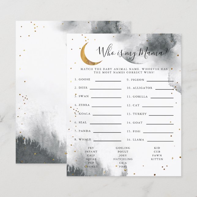 Lámina Gray Moon Who is My Mama Baby Shower Game (Anverso / Reverso)
