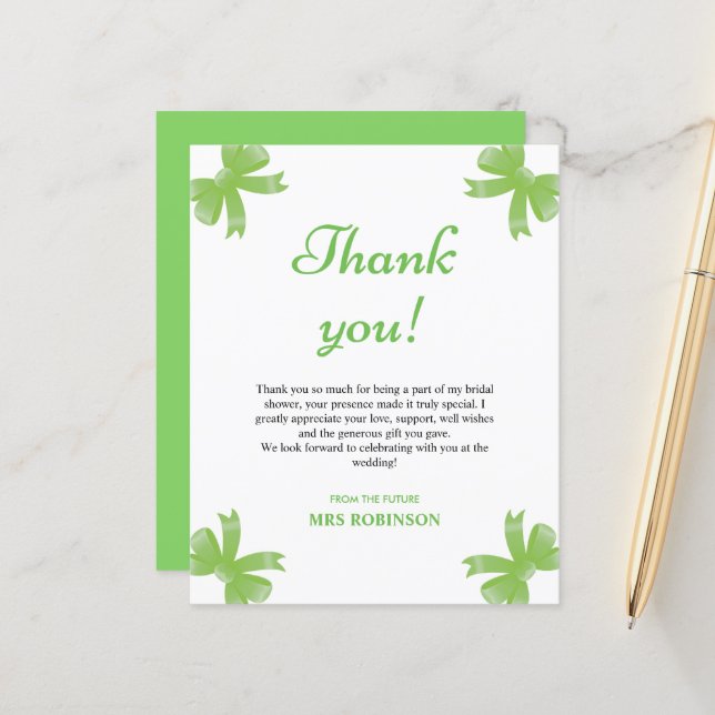 Lámina Green Bow Bridal Shower Thank You Card (Anverso/Reverso In Situ)
