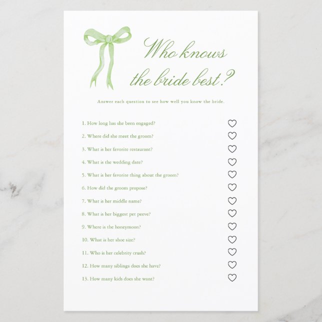 Lámina Green Bow quien conoce a la novia como mejor juego (Anverso)