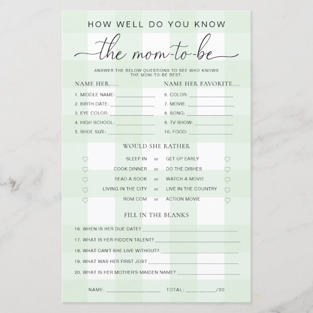 Lámina Green Gingham Baby Shower Conoce el futuro juego d (Anverso)