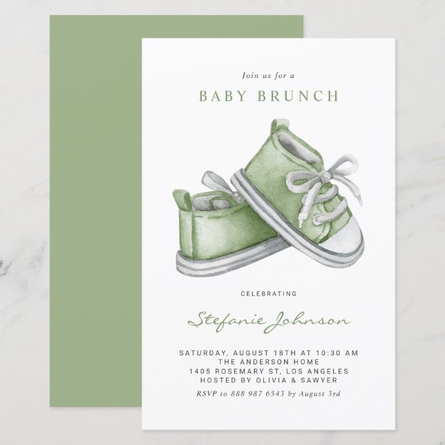 Lámina Green Watercolor Baby Shoes Baby Brunch Invitación (Anverso / Reverso)