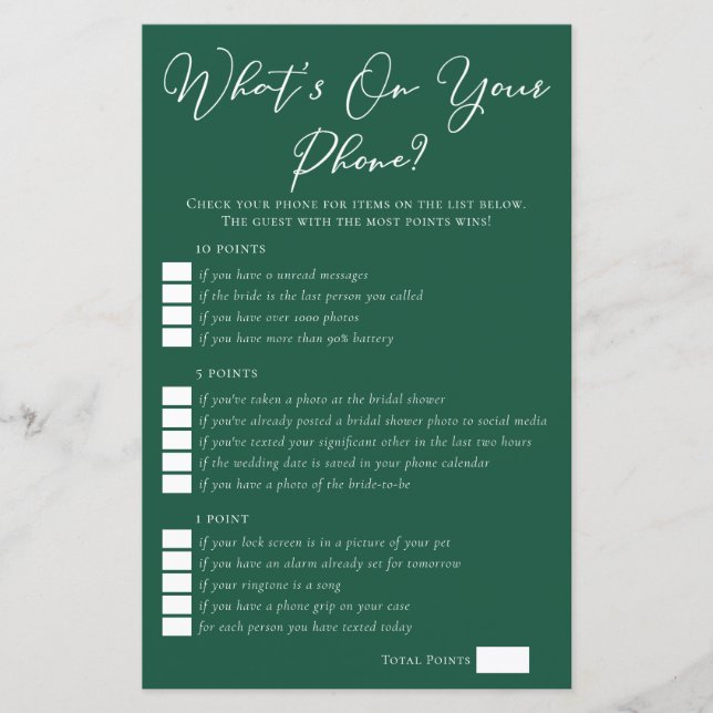 Lámina Green What's On Your Phone Bridal Shower Game (Anverso)