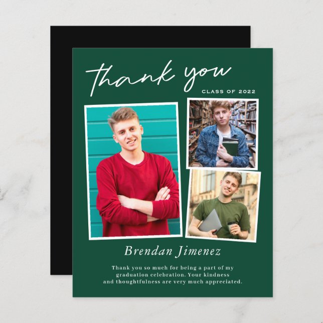 Lámina Green White Script 3 Photo Graduation Gracias (Anverso / Reverso)