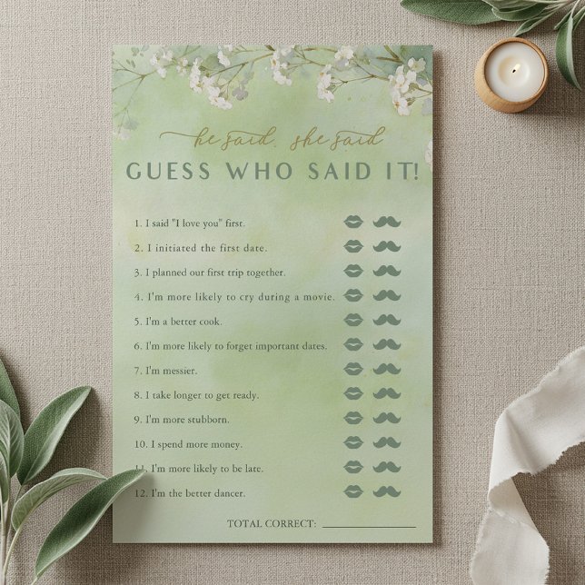 Lámina Green Wildflower He Said She Said Game (He Said, She Said Bridal Shower Game Card)