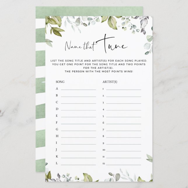 Lámina Greeneration Baby Shower Game Name That Tune (Anverso / Reverso)