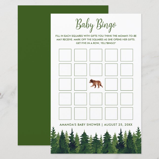 Lámina Greenery Pine Trees Baby Bingo Baby Shower (Anverso / Reverso)